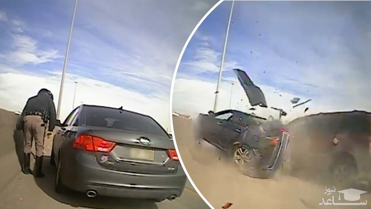 (فیلم) تصادف خودروی ون با یک اتومبیل در نزدیکی مامور پلیس