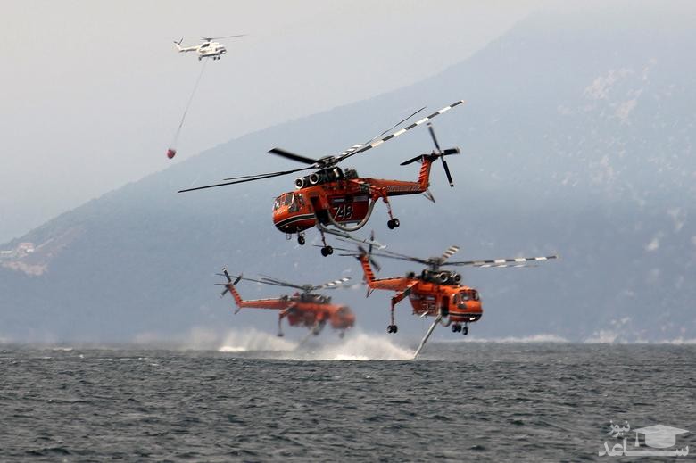 هلی کوپترهای آتش نشان در حال پر کردن آب از دریا برای خاموش کردن آتش سوزی های جنگلی مهیب در جزیره "اویا" یونان/ رویترز