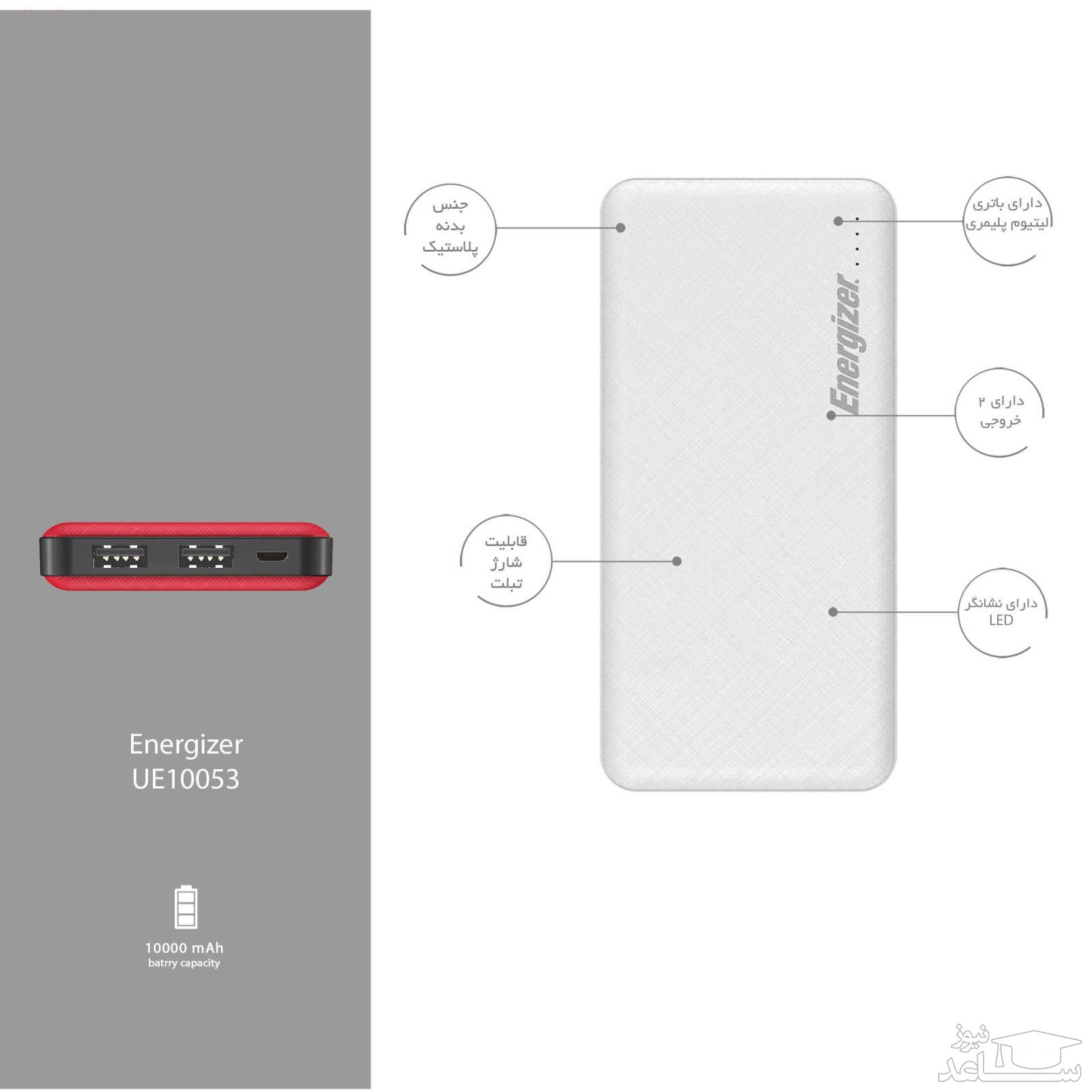 شارژر همراه انرجایزر مدل UE10053 ظرفیت 10000 میلی آمپر ساعت