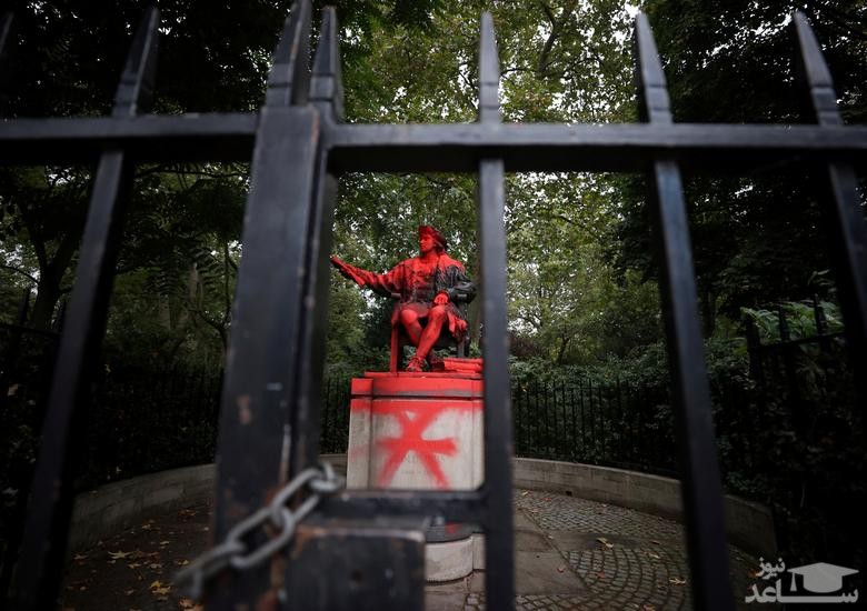 مجسمه تخریب شده "کریستف کلمب" (کاشف قاره آمریکا) در لندن/ رویترز