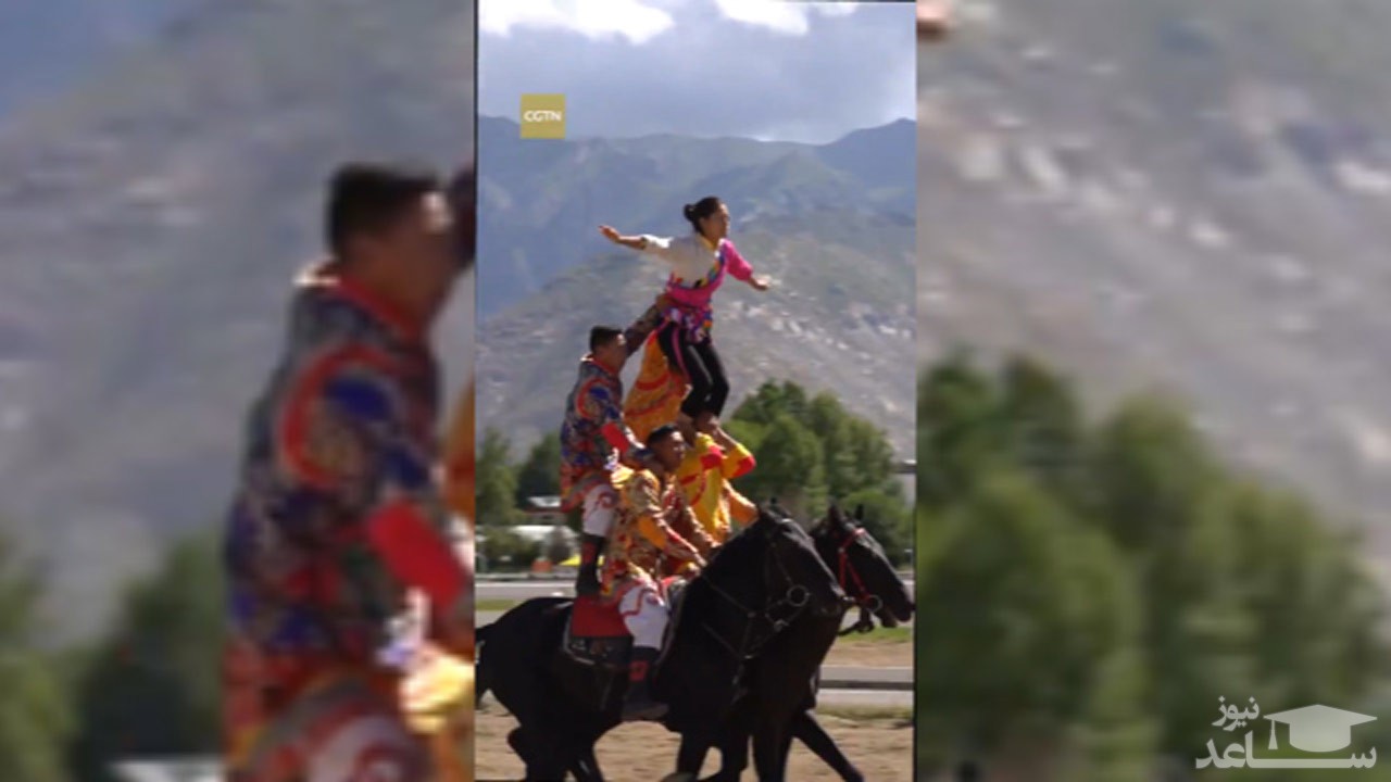 (فیلم) هنرنمایی دیدنی تبتی‌ها در سوارکاری با اسب