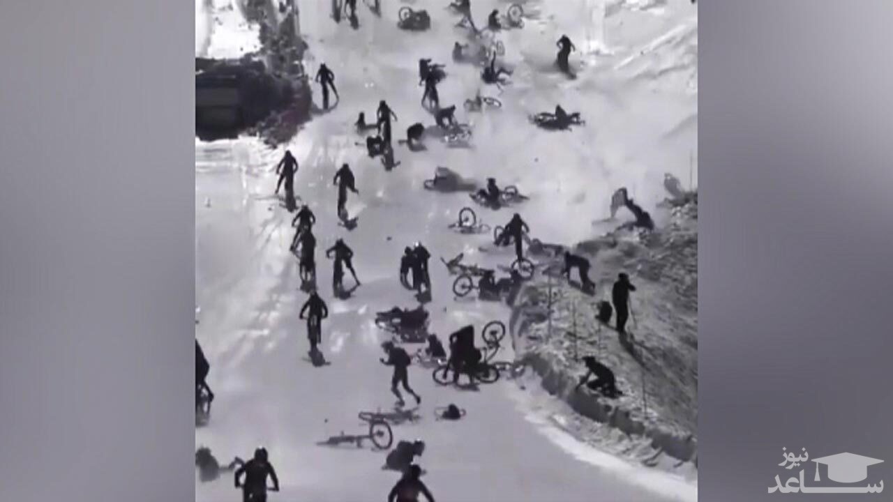 (فیلم) دومینوی دوچرخه سواران در پیست برفی!