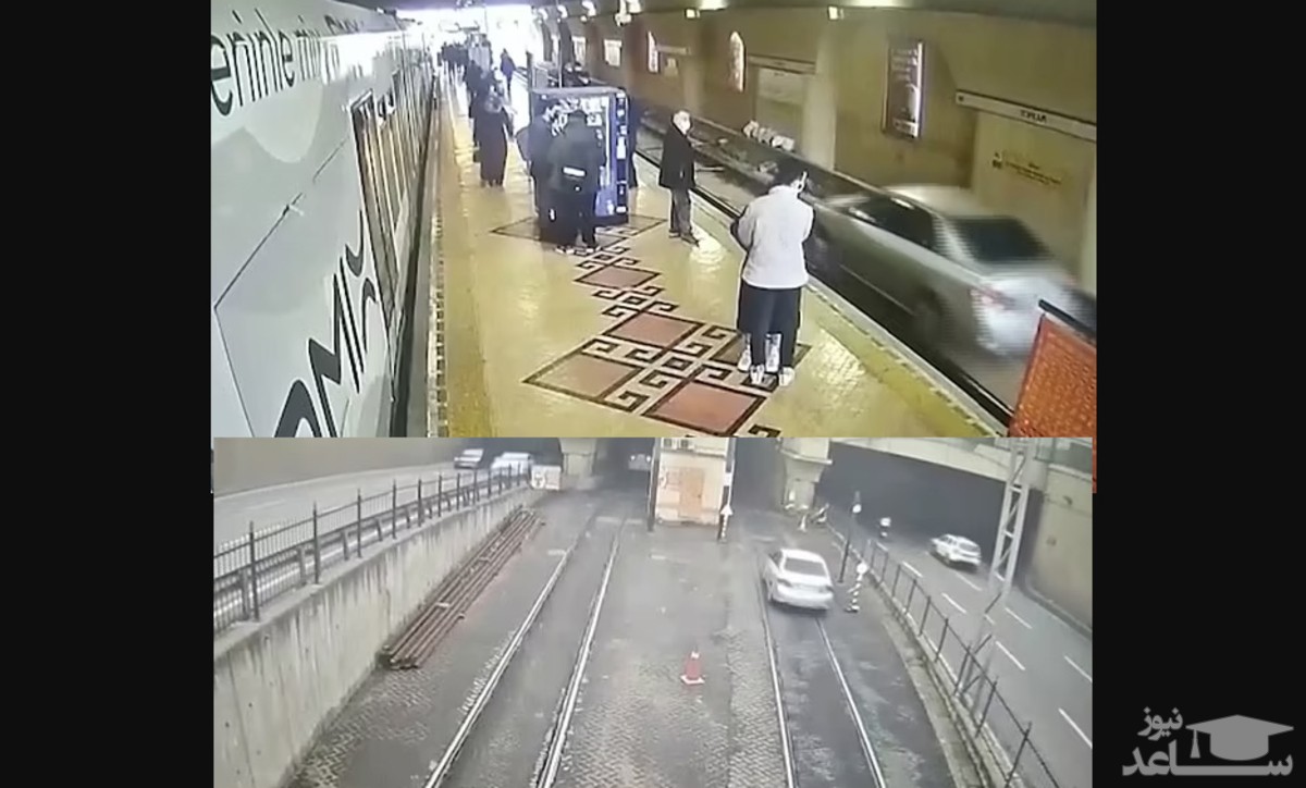 (فیلم) حرکت خودرویی که روی ریل مترو افتاد و واهمه مردم