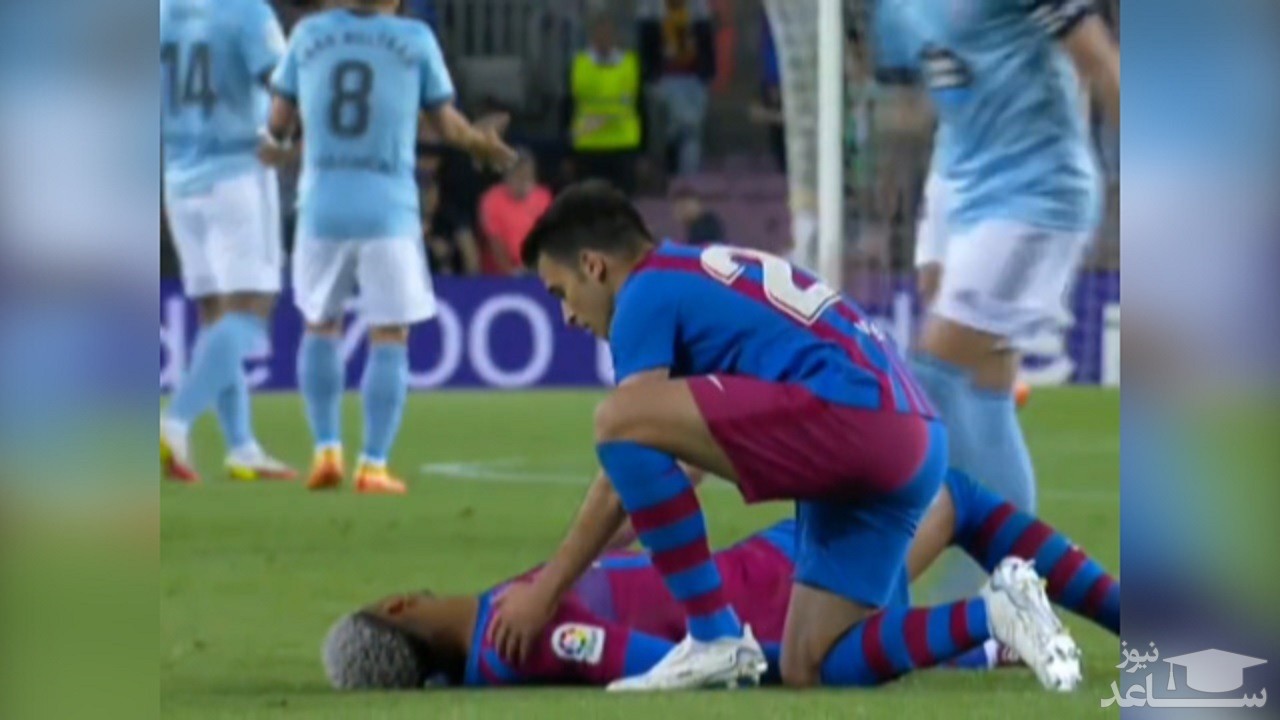 (فیلم) بیهوشی مدافع بارسلونا بعد از اصابت ضربه به سر