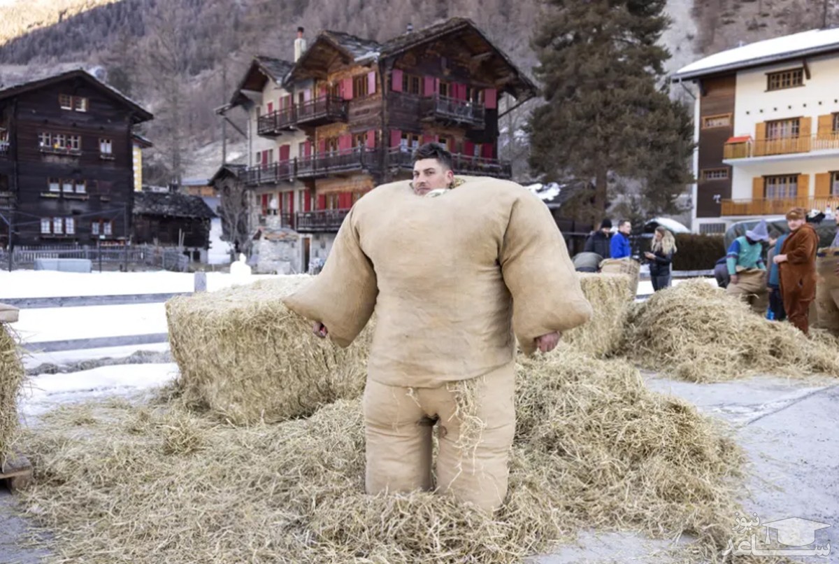 مردی با لباسی پوشیده از نِی برای جشنواره ای روستایی در سوییس آماده می شود، جشنواره ای زمستانه که بر اساس سنتی قدیمی و برای دور کردن ارواح شیطانی برگزار می شود./ EPA