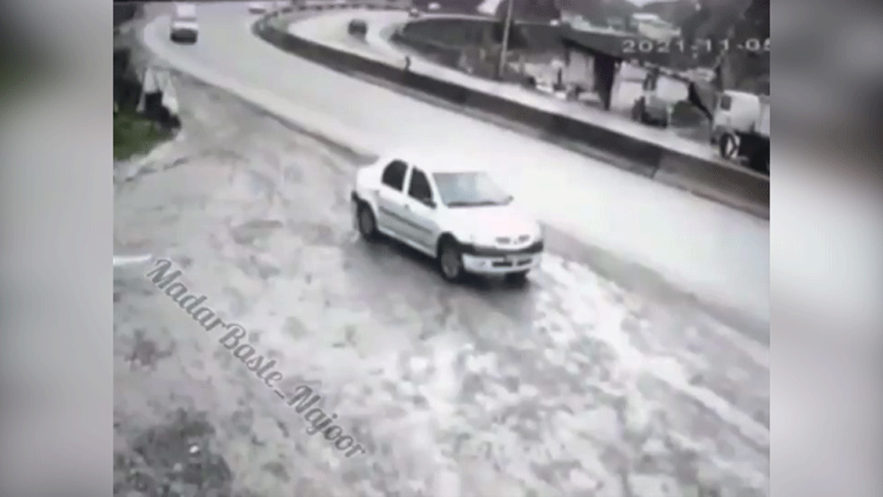 (فیلم) انحراف شدید پژو پارس در اثر لغزندگی جاده