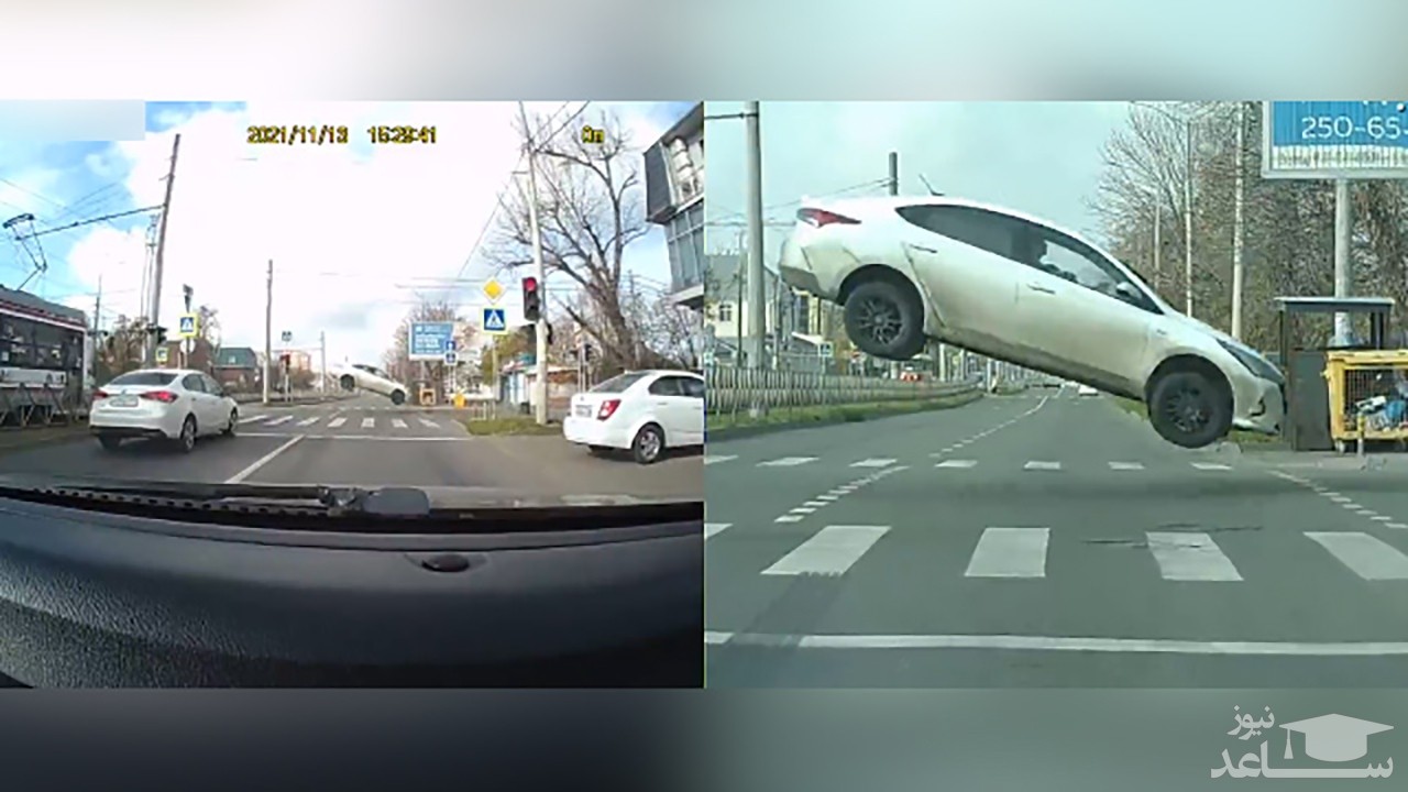 (فیلم) پرش یک خودرو هنگام عبور از تقاطع 