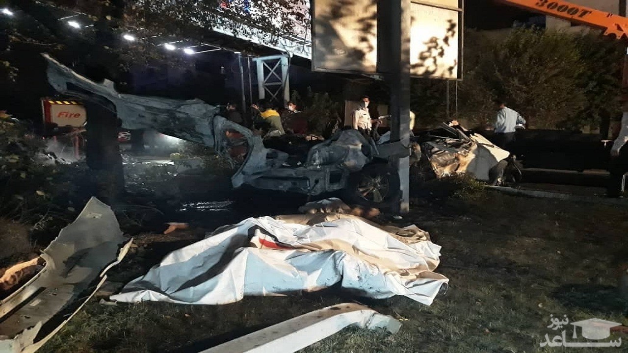 تصادف وحشتناک خودروی BMW در بزرگراه شهید مدرس/ سرنشینان خودرو در آتش سوختند+ تصاویر
