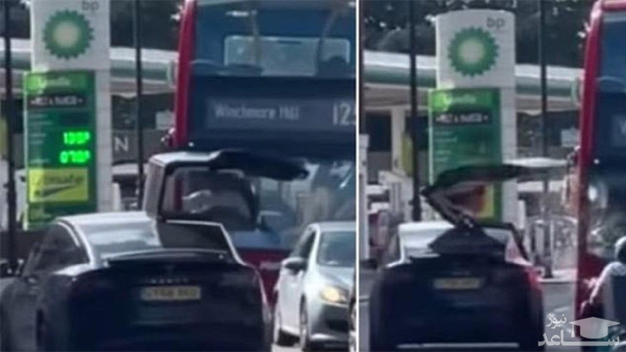 لحظه برخورد درب خودروی لوکس تسلا به اتوبوس