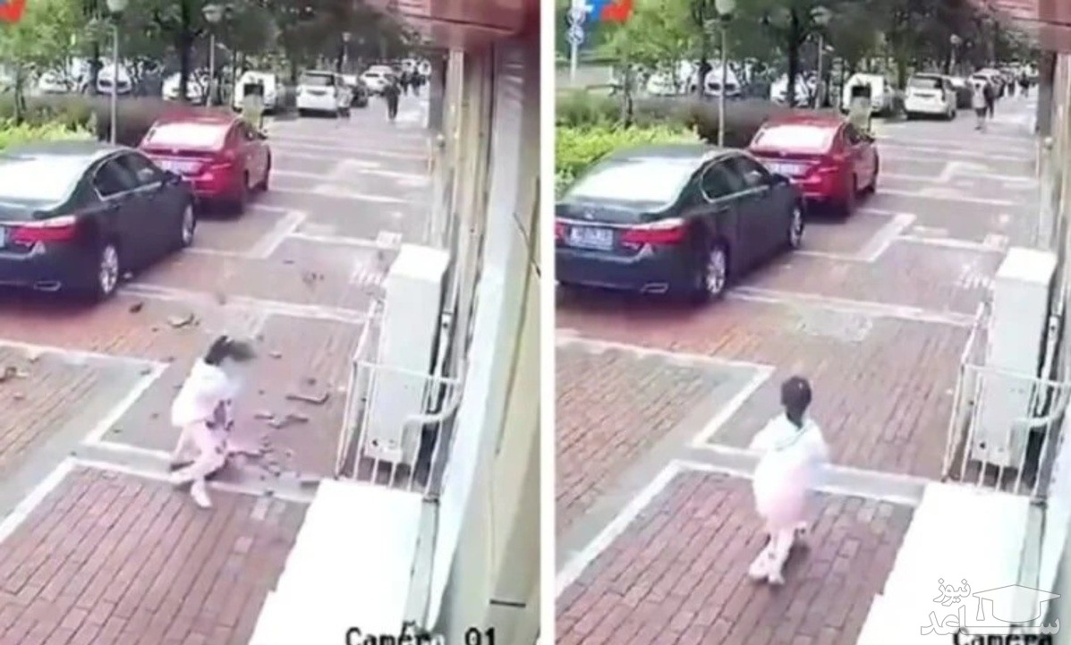 (فیلم) عکس العمل سریع دختر اسکوترسوار هنگام ریزش سقف یک ساختمان