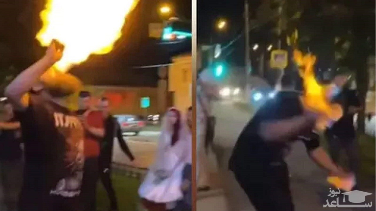 آتش گرفتن سر اجراکننده حین نمایش آتش بازی + فیلم