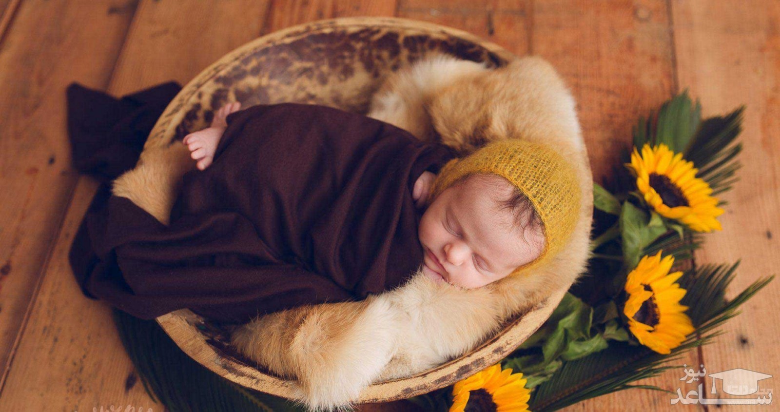 نوزاد با گل آفتابگردان