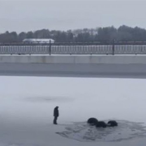 (فیلم) سقوط موتور غول پیکر در دریاچه یخ زده
