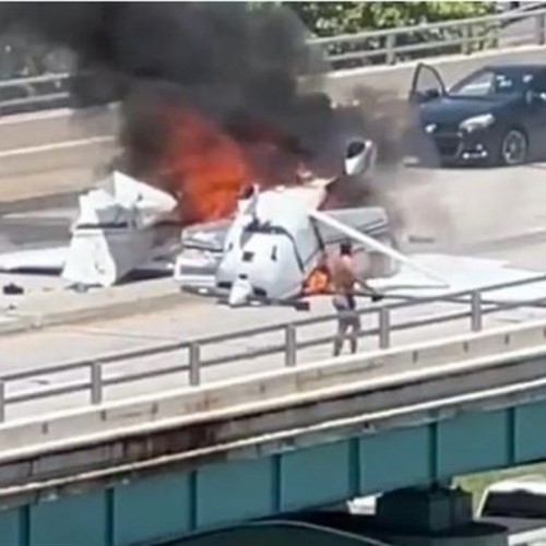 (فیلم) سقوط مرگبار هواپیما در میامی و برخورد به یک خودرو روی پل